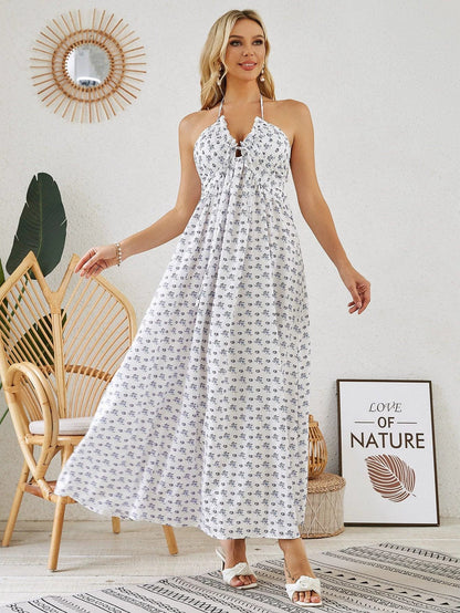 Mandotos bohemian halter maxi dress for women, sleeveless and flowy, perfect for summer beachwear and casual outdoor occasions.