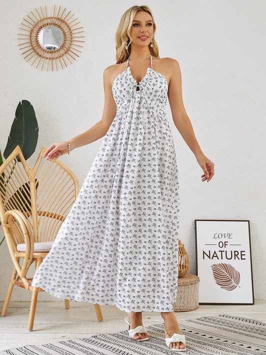 Mandotos bohemian halter maxi dress for women, sleeveless and flowy, perfect for summer beachwear and casual outdoor occasions.