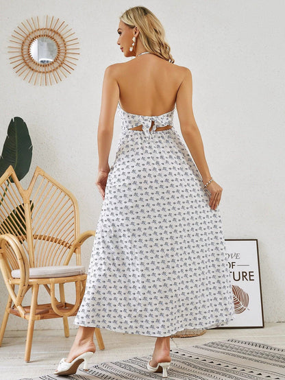 Mandotos women's bohemian halter maxi dress with sleeveless, flowy design, perfect for summer beachwear and casual outings.