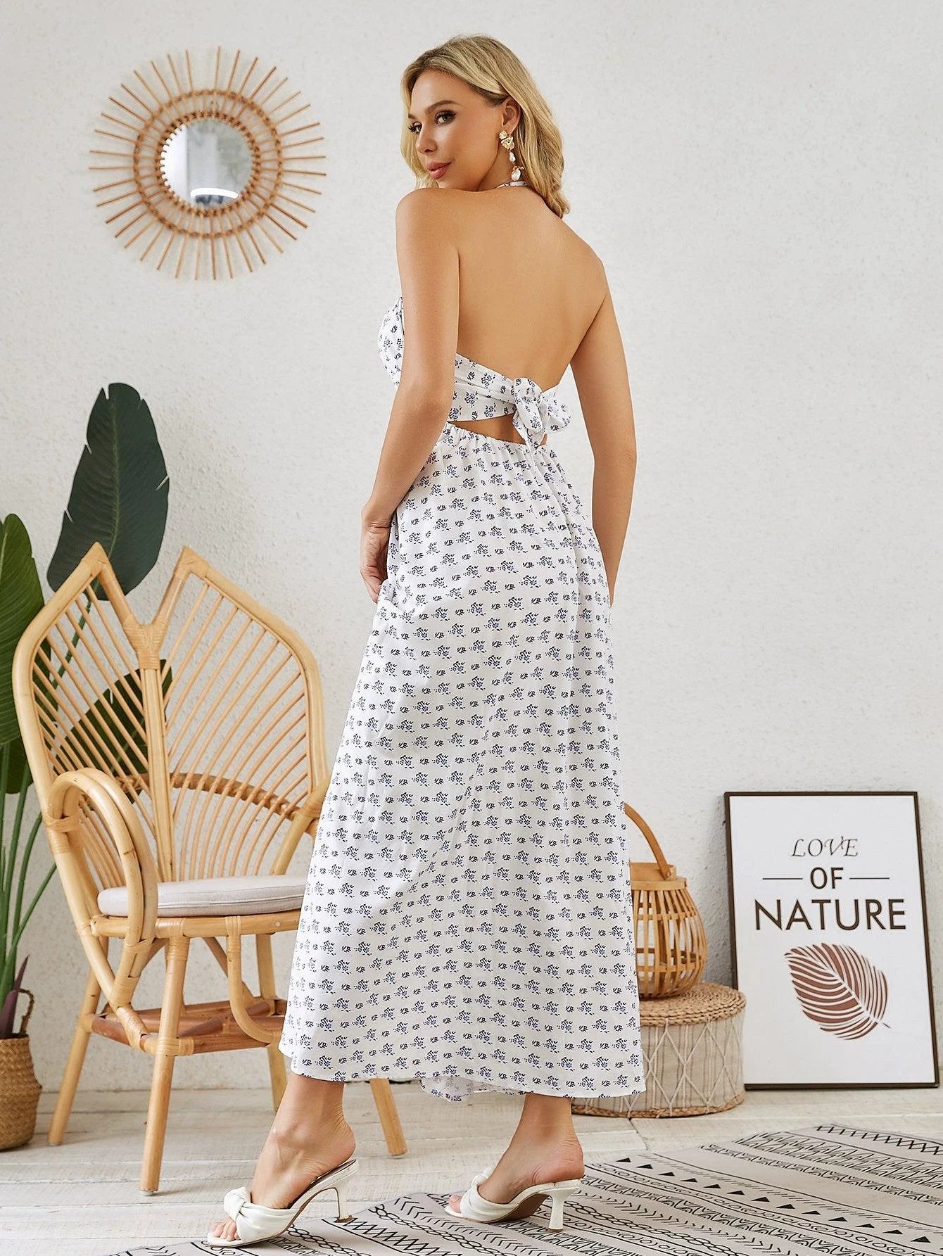 Mandotos bohemian halter maxi dress for women, sleeveless, flowy summer beach dress with a relaxed fit and vibrant boho style