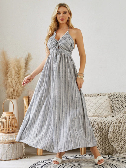 Mandotos bohemian halter maxi dress for women, sleeveless and striped, flowy summer beach dress perfect for warm weather.
