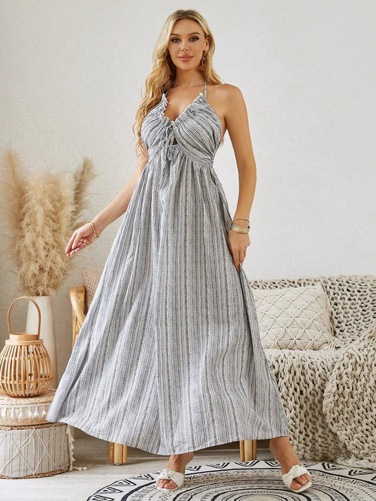 Mandotos bohemian halter maxi dress for women, sleeveless and striped, flowy summer beach dress perfect for warm weather.