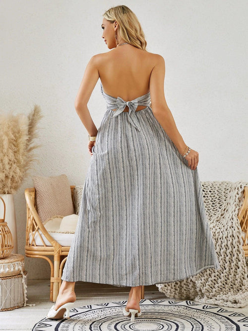 Mandotos women's bohemian halter maxi dress with summer stripes, sleeveless, flowy design, perfect for beach and summer wear.