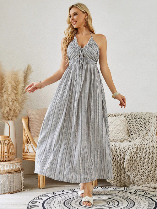 Mandotos bohemian halter maxi dress for women, sleeveless and striped, flowy beach dress perfect for summer wear.