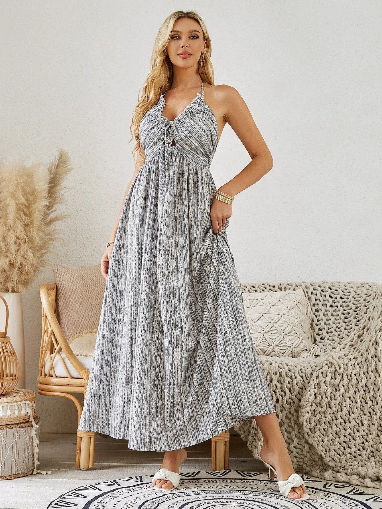 Mandotos bohemian halter maxi dress for women with summer striped sleeveless flowy beach style.