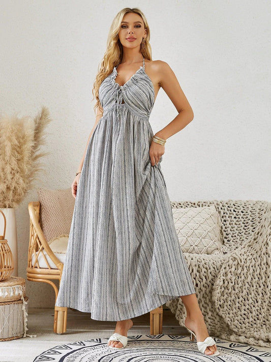Mandotos bohemian halter maxi dress for women with summer striped sleeveless flowy beach style.