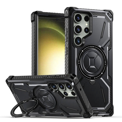 Mandotos magnetic phone case with ring, drop-resistant and protective for smartphones, shown in black with ring grip.