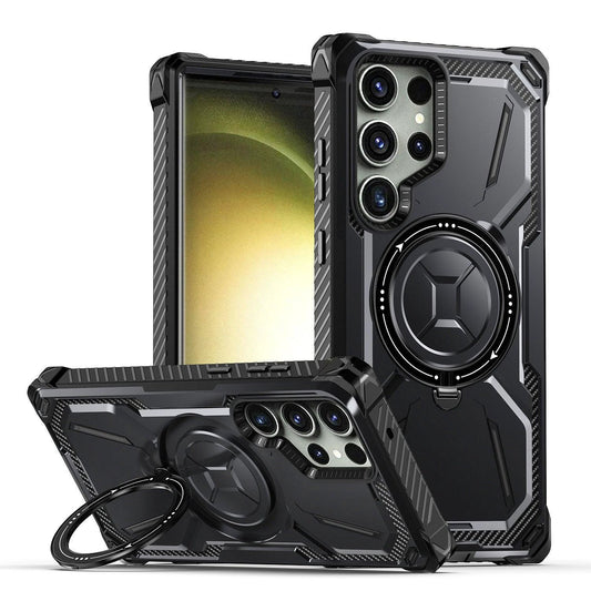 Mandotos magnetic phone case with ring, drop-resistant and protective for smartphones, shown in black with ring grip.