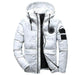 Camouflage men's hooded winter parka by Mandotos, slim fit, windproof and warm, suitable for casual outdoor adventures.
