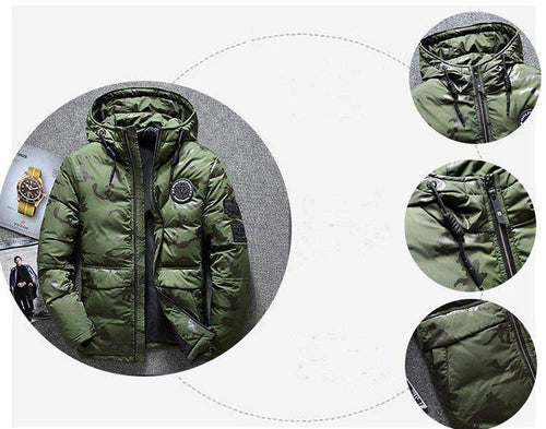 Camouflage men's hooded winter parka by Mandotos, slim fit, windproof and warm, ideal for casual outdoor adventures.