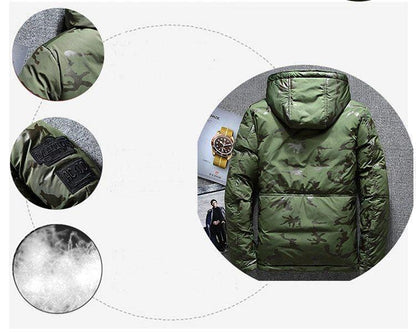 Camouflage men's hooded winter parka by Mandotos, slim fit, windproof and warm for casual outdoor adventures.