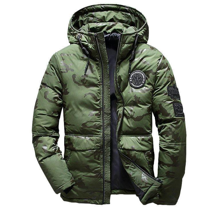 Camouflage men's hooded winter parka by MANDOTOS, slim fit, windproof and warm, ideal for casual outdoor adventures.