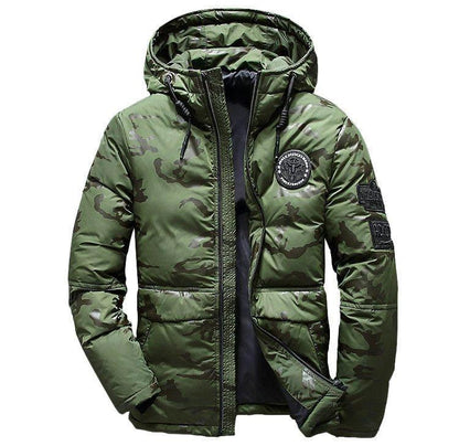 Camouflage men's hooded winter parka by MANDOTOS, slim fit, windproof and warm, ideal for casual outdoor adventures.