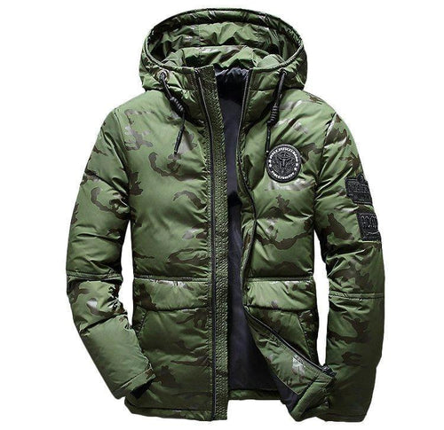 Camouflage men's hooded winter parka by MANDOTOS, slim fit, windproof and warm, ideal for casual outdoor adventures.