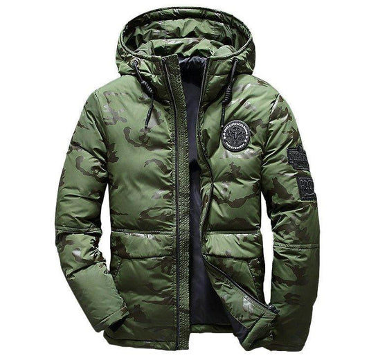 Camouflage men's hooded winter parka by MANDOTOS, slim fit, windproof and warm, ideal for casual outdoor adventures.