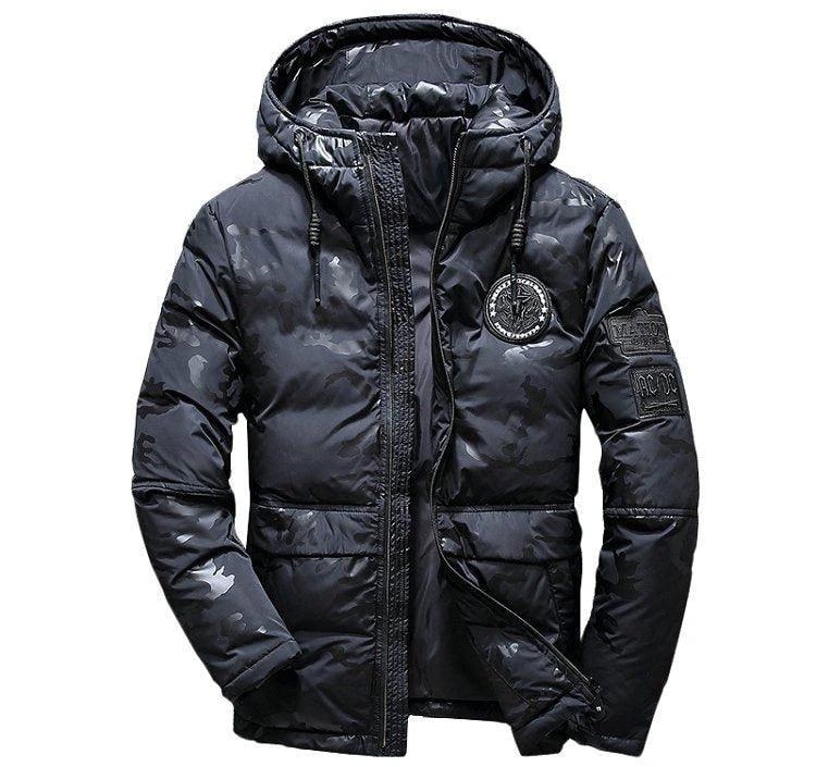Camouflage men's hooded winter parka by MANDOTOS, slim fit, windproof, warm, ideal for casual outdoor adventures.