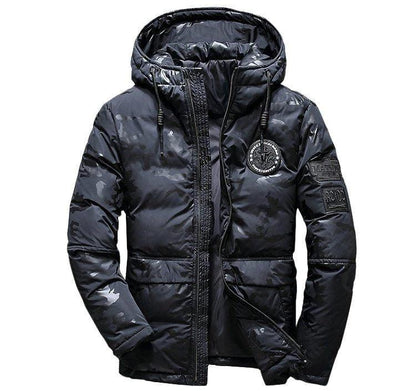 Camouflage men's hooded winter parka by MANDOTOS, slim fit, windproof, warm, ideal for casual outdoor adventures.