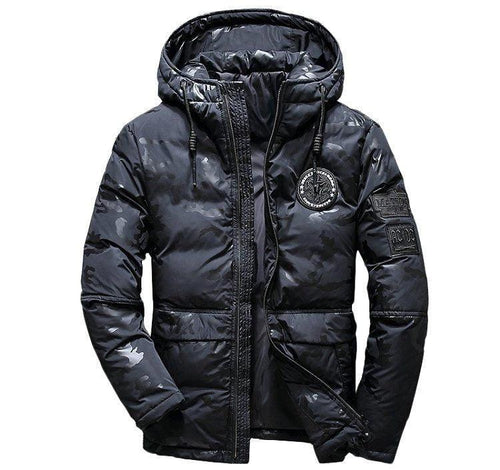 Camouflage men's hooded winter parka by MANDOTOS, slim fit, windproof, warm, ideal for casual outdoor adventures.