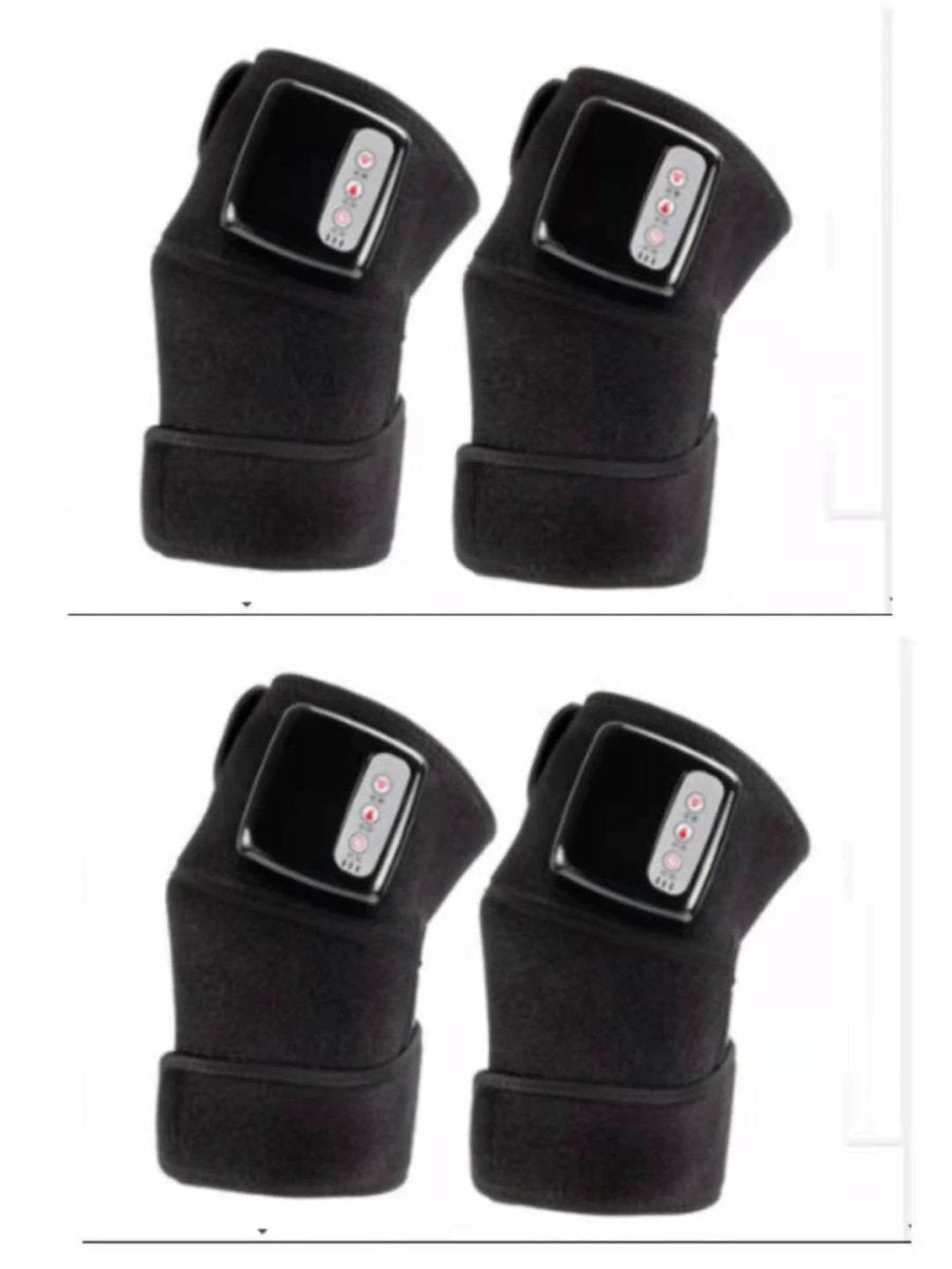 MANDOTOS electric infrared knee massager with adjustable heat and compression, showing a portable device on a person's knee.
