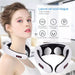 Mandotos electric TENS pulse neck massager with magnetic therapy device showing adjustable straps and control panel.