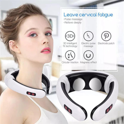 Mandotos electric TENS pulse neck massager with magnetic therapy device showing adjustable straps and control panel.