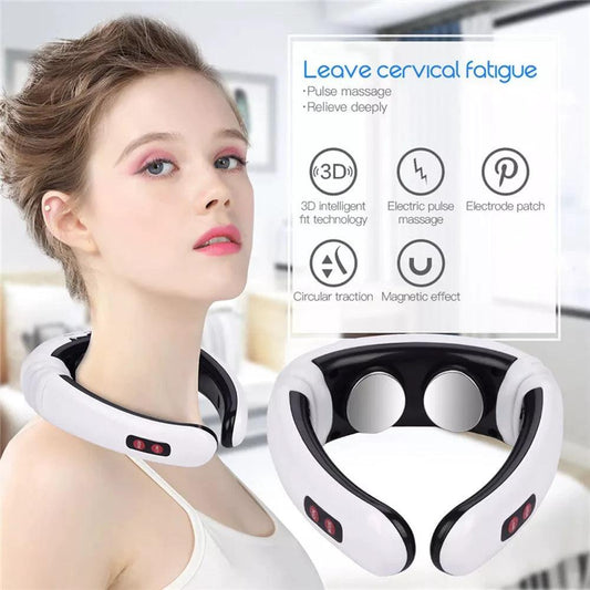 Mandotos electric TENS pulse neck massager with magnetic therapy device showing adjustable straps and control panel.