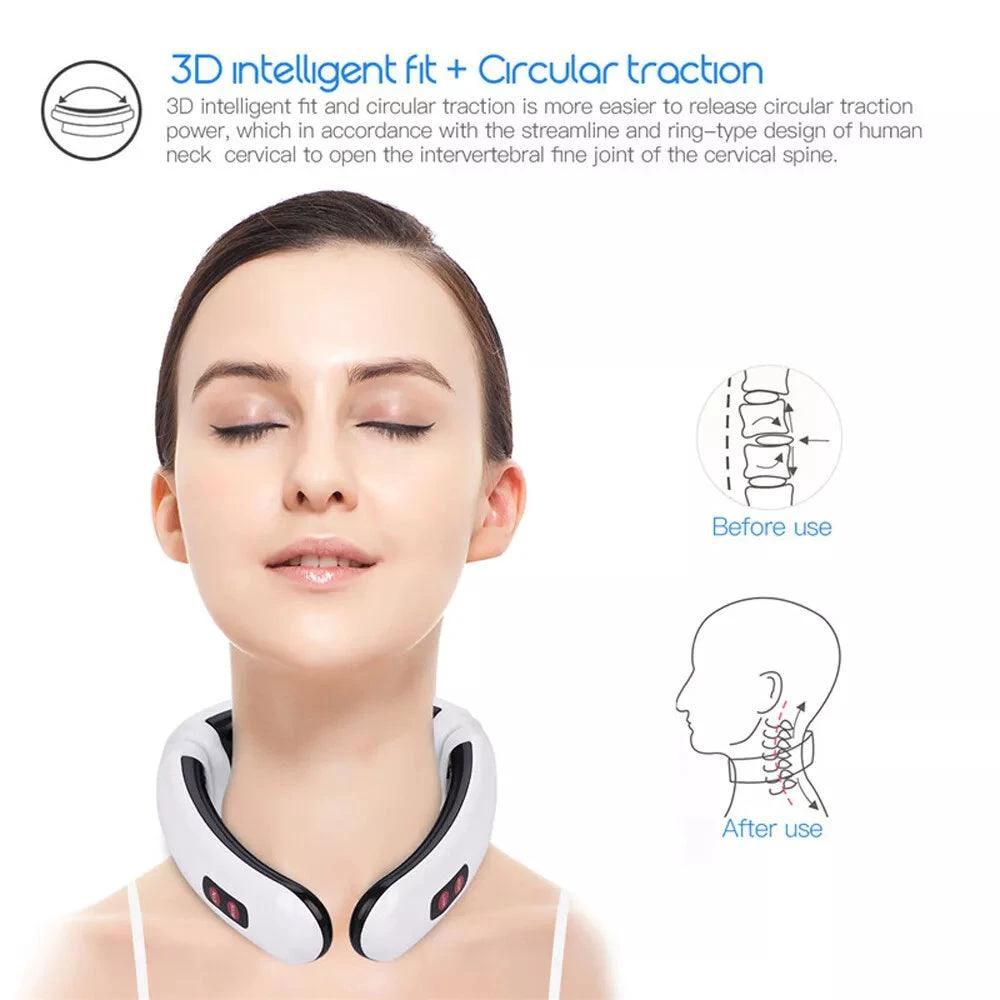 Mandotos electric TENS pulse neck massager with magnetic therapy, showing device with control panel and adjustable straps.