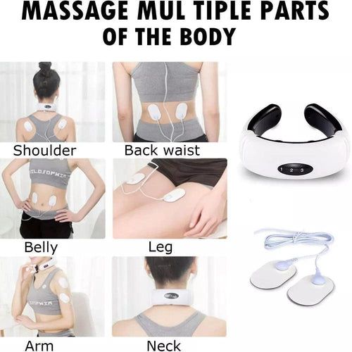 Mandotos electric TENS pulse neck massager with magnetic therapy for pain relief and muscle relaxation.