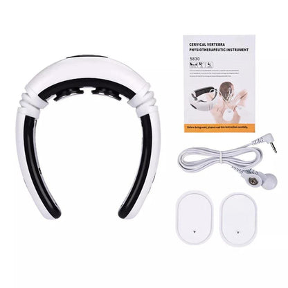 Mandotos electric TENS pulse neck massager with magnetic therapy, showing the device placed around the neck for pain relief and relaxation.