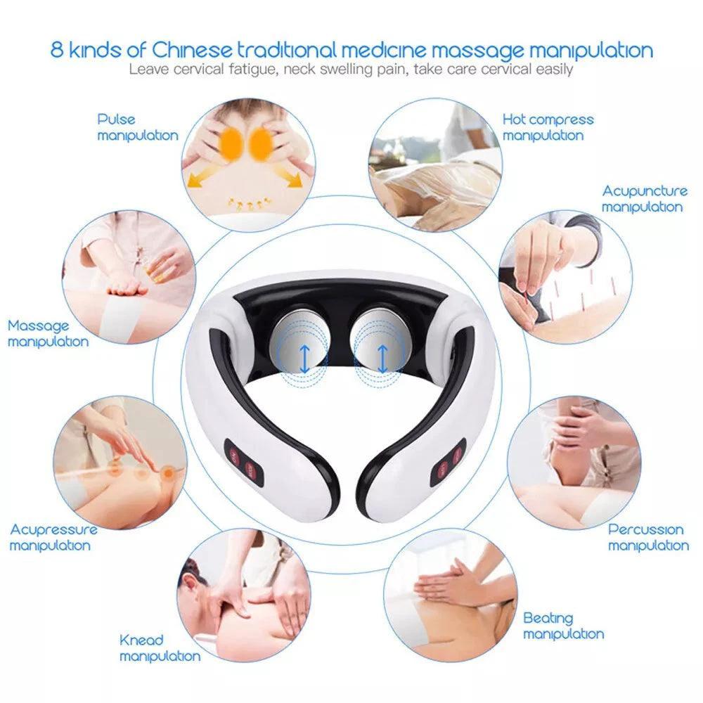 Mandotos electric TENS pulse neck massager with magnetic therapy for muscle relief and relaxation.