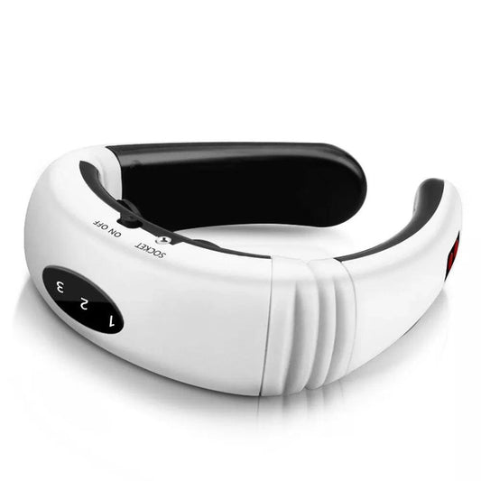Mandotos electric TENS pulse neck massager with magnetic therapy, showing the device with adjustable straps and user controls.