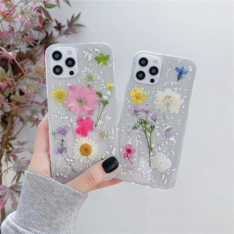 Silver foil dried flowers by Elysian Designs for epoxy phone cases, featuring elegant, unique decor with silver accents and floral details.