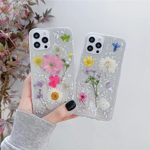 Silver foil dried flowers by Elysian Designs for epoxy phone cases, featuring elegant, unique decor with silver accents and floral details.