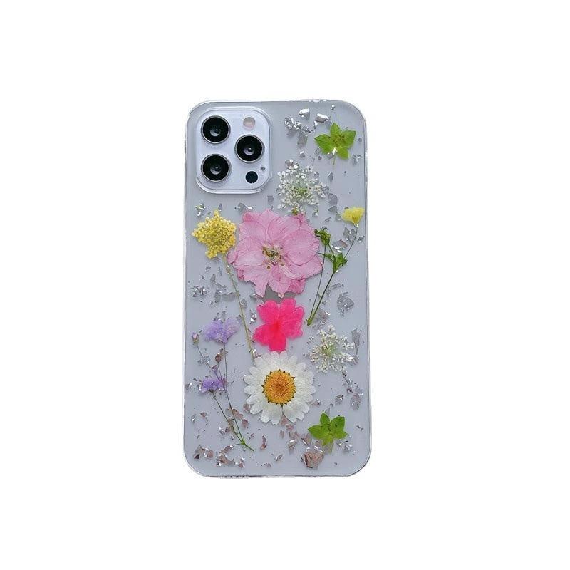 Silver foil dried flowers by Elysian Designs for epoxy phone cases, showcasing elegant, unique floral decor in a clear resin setting.