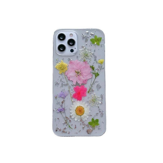 Silver foil dried flowers by Elysian Designs for epoxy phone cases, showcasing elegant, unique floral decor in a clear resin setting.