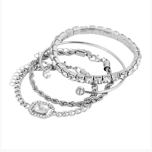 Mandotos bohemian-style fashion jewelry set with four crystal bracelets, vintage twisted cuffs, and chain armbands for women.