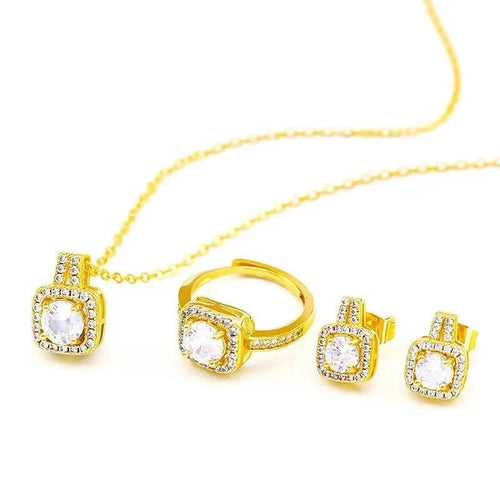 Mandotos fashion jewelry set with zircon gem necklace, matching earrings, and ring displayed on a white background.