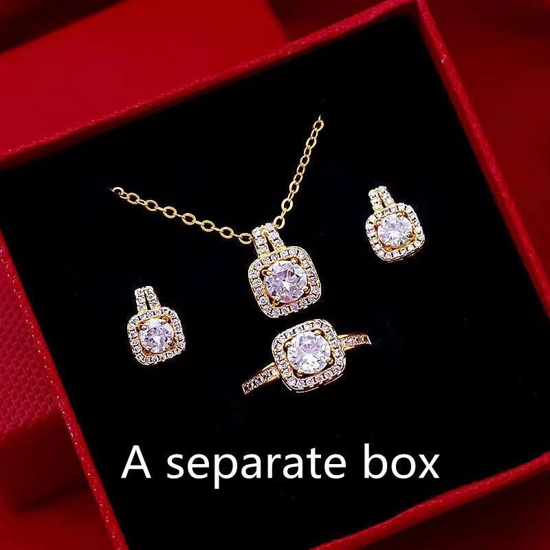 Mandotos fashion jewelry set with zircon gem necklace, matching earrings, and ring displayed on a neutral background.