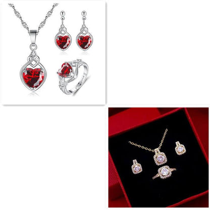 Mandotos fashion jewelry set with zircon gem necklace, matching earrings, and ring displayed on a white background.