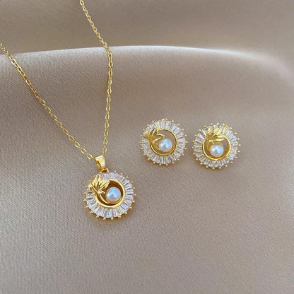 Mandotos fashion jewelry set with square full diamond personalized round ring, leaves necklace, and matching earrings.