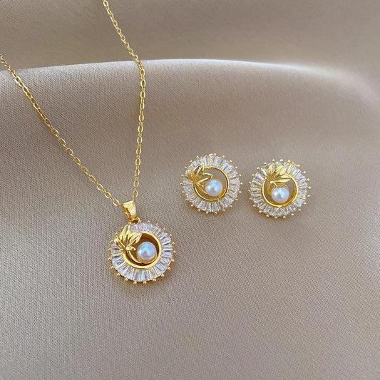 Mandotos fashion jewelry set with square full diamond personalized round ring, leaves necklace, and matching earrings.