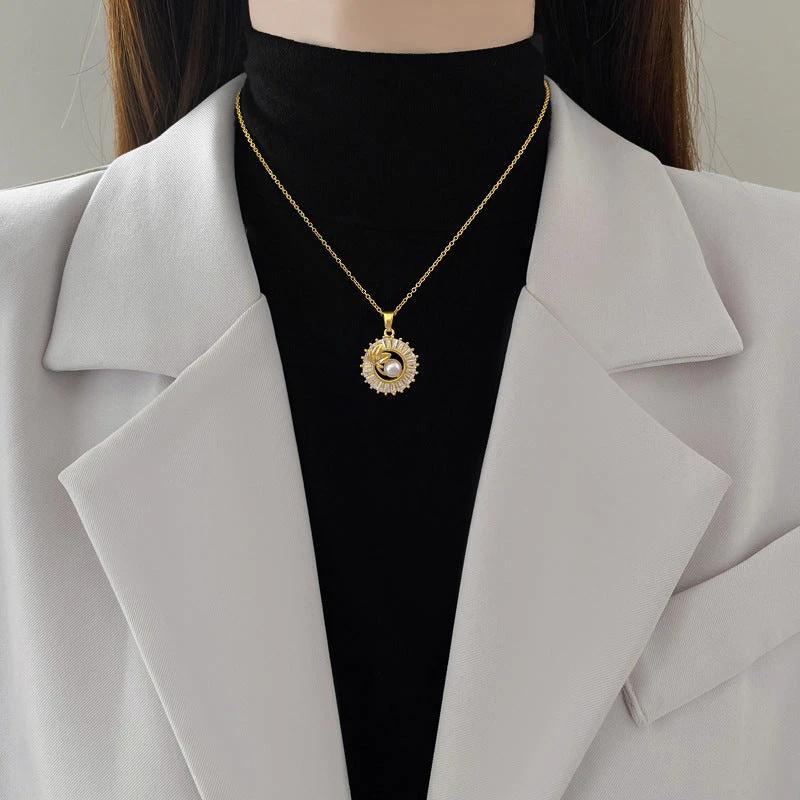 Mandotos fashion jewelry set with square full diamond personalized round ring, leaf necklace, and matching earrings.
