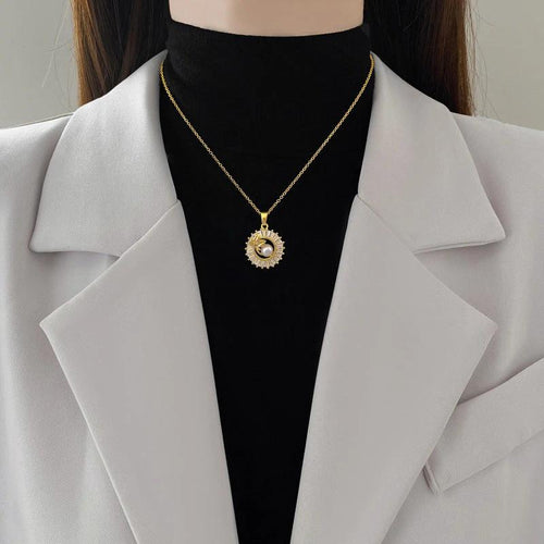Mandotos fashion jewelry set with square full diamond personalized round ring, leaf necklace, and matching earrings.