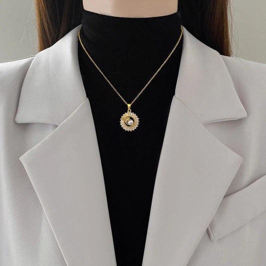 Mandotos fashion jewelry set with square full diamond personalized round ring, leaf necklace, and matching earrings.