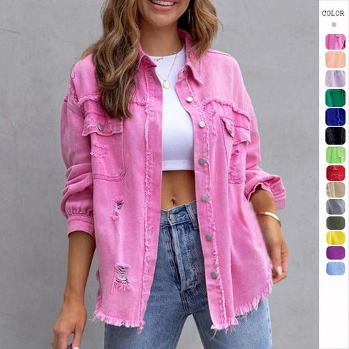 Mandotos women's ripped shirt jacket, casual autumn and spring tops, stylish women's clothing for a trendy look.