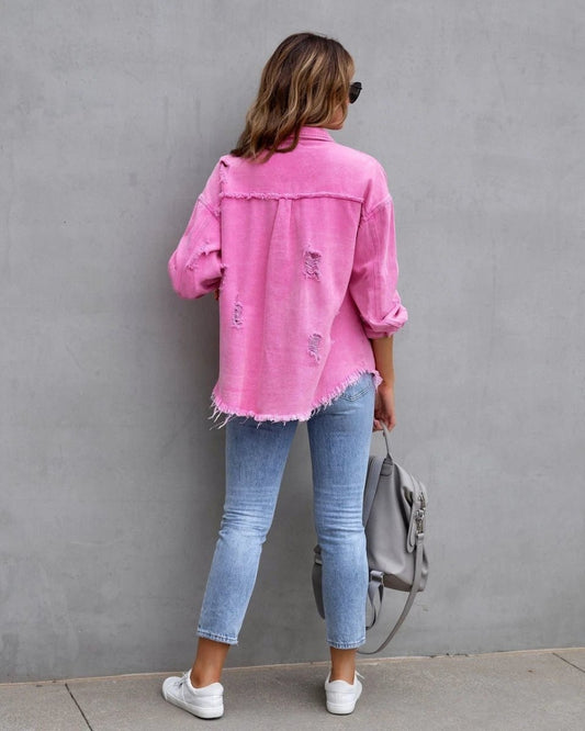 Mandotos women's ripped shirt jacket, casual autumn and spring top, stylish women's clothing with distressed design.