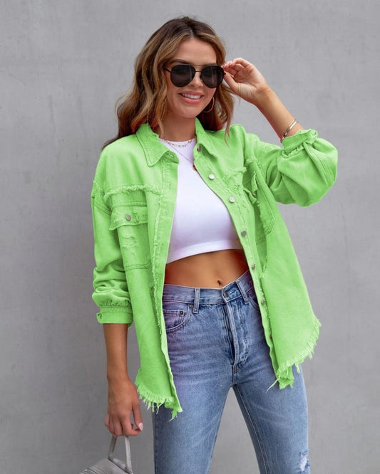 Mandotos women's ripped shirt jacket, casual autumn and spring tops, stylish and comfortable women's clothing.