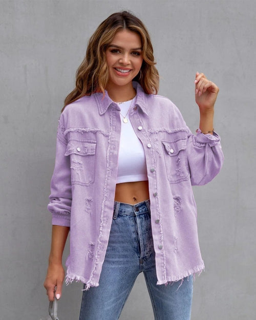 Mandotos women's ripped shirt jacket, casual autumn and spring top, stylish and lightweight for everyday wear