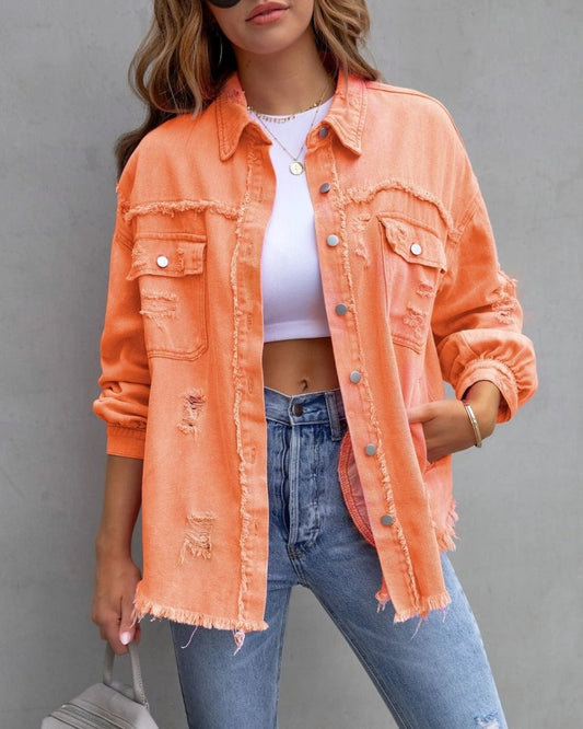 Mandotos women's ripped shirt jacket, casual autumn and spring top, lightweight denim style for fall and spring wear