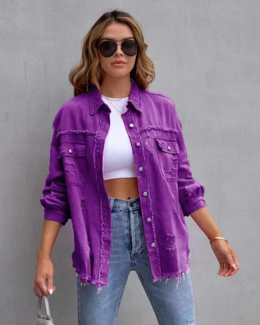 Mandotos women's ripped shirt jacket, casual autumn-spring tops, stylish women's clothing with distressed design and relaxed fit.